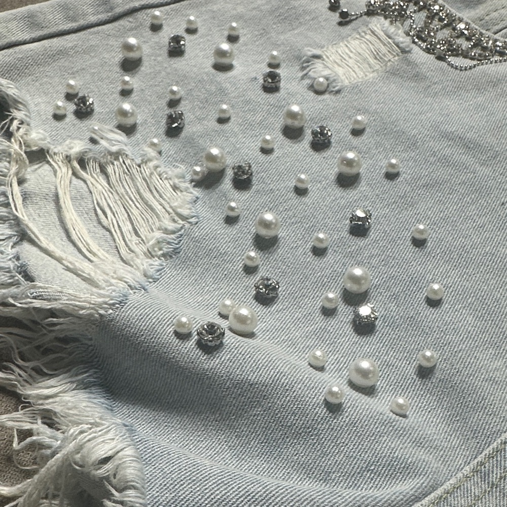 Light Blue Distressed Denim Shorts with Pearl Details - Picture 5 of 7